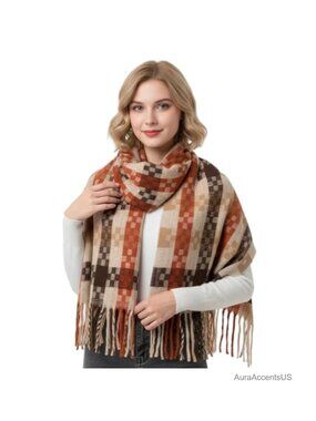 Plaid Cashmere Feel Wool Blend Scarf | Oversized Womens Winter Shawl Wrap